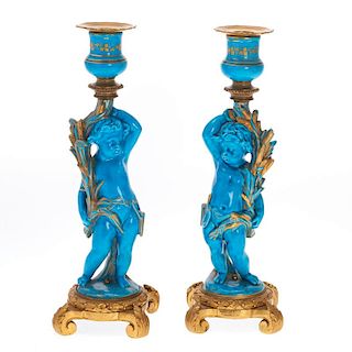 Pair Sevres style turquoise ground candlesticks