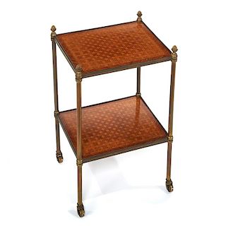 Directoire style brass, parquetry occasional table