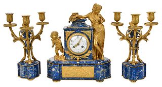 Neoclassical Lapis Lazuli and Gilt Bronze Clock Garniture