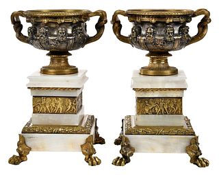 Pair Neoclassical Style Bronze and Marble Urns