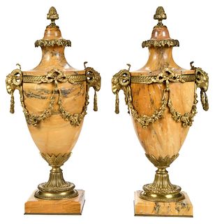 Pair Bronze Mounted Variegated Marble Urns