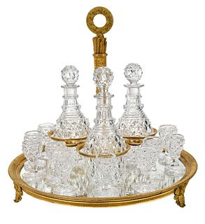 Gilt Bronze Mirrored Drink Stand with Cut Crystal Stemware