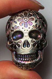 Day Of The Dead Flower Skull 2 ozt .999 Silver