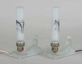 Pair of Art Deco Frosted Glass Figural Boudoir Lamps
