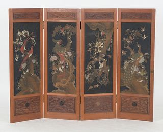 Japanese Hardwood Painted Screen