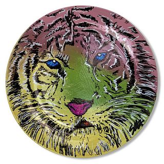 Steve Kaufman (1960-2010) "Tiger" Hand Painted Plate, Hand Signed with Letter of Authenticity.