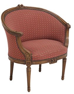 FRENCH LOUIS XVI STYLE UPHOLSTERED BARREL BACK ARMCHAIR