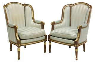 (2) LOUIS XVI STYLE PARCEL GILT UPHOLSTERED BERGERES