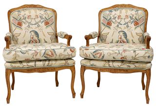 (2) LOUIS XV STYLE CREWELWORK EMBROIDERY FAUTEUILS