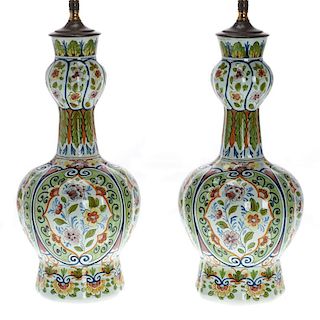 Pair Delft pottery lamps