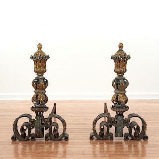 Nice pair Baroque bronze, wrought iron andirons