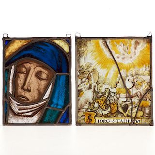 (2) German religious stained glass panels