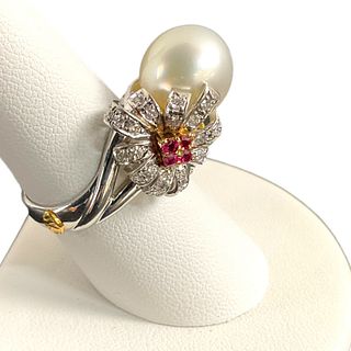 Fancy Pearl, Diamond and Ruby Cocktail Dress Ring