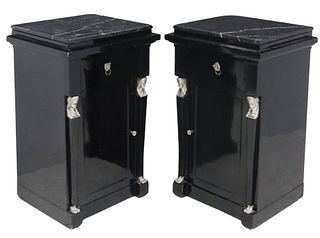 (2) EMPIRE STYLE BLACK LACQUERED & SILVERED METAL BEDSIDE CABINETS
