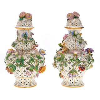 Pair Meissen porcelain potpourri vases and covers