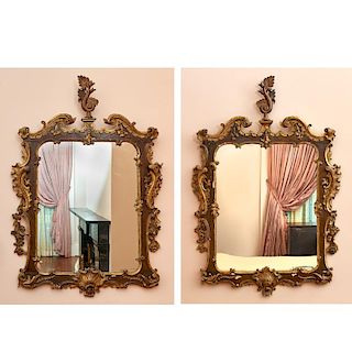 Pair Continental Rococo parcel gilt mirrors