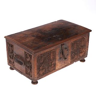 Early Continental carved walnut table top casket