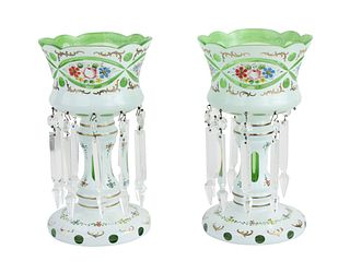 Pair of Green Glass and Hand Painted Lusters