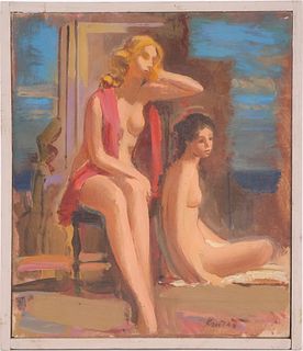 Adolf Ferdinand Konrad, (German, 1915-2003) Two Seated Nudes, Oil on Board