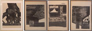 Four Japanese Monochrome Woodblocks on Rice Paper