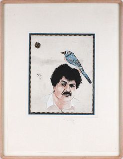 Donald Saff, (American, 1937-) Self Portrait with Bird, Artist Proof