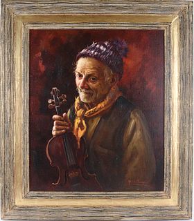 Nello Iovine, (Italian, 1936) Man with Violin, Oil on Canvas