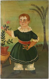 Oil on Canvas, Folk Art Portrait of Young Boy