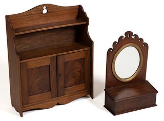 MAHOGANY HANGING CABINET AND SHAVING MIRROR, LOT OF TWO