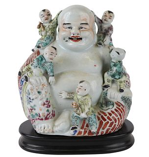Chinese Porcelain Laughing Buddha with 5 Children