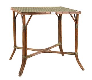 French Victorian Multi Green Painted Rattan Table