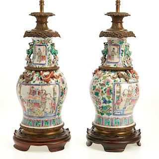 Pair bronze mounted Rose Mandarin vase lamps