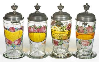 FREE-BLOWN AND ENAMEL-DECORATED STEINS, LOT OF FOUR