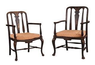 Two Regency Style Lacquer and Parcel Gilt Open Armchairs