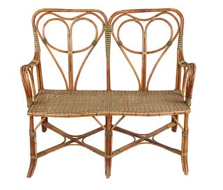 French Victorian Multi Green Painted Rattan Bench