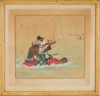 Japanese Painting on Fabric, Warrior on Boat