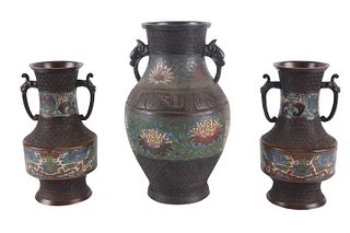 Three Similar Cloisonne and Bronze Handled Vases