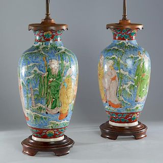 Pair Chinese enameled porcelain vase lamps