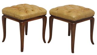 (2) BUTTON-TUFTED LEATHER UPHOLSTERED OTTOMANS/ FOOTSTOOLS