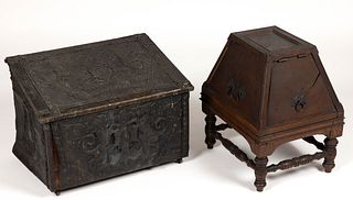 BRITISH BRASS-COVERED WOOD BOX AND OAK COAL HOD, LOT OF TWO