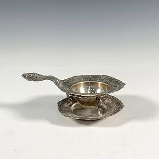 Antique German Silver Tea Strainer with Drip Tray