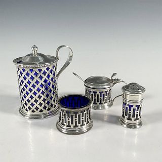 4pc English Sterling Silver Condiment Set with Cobalt Glass