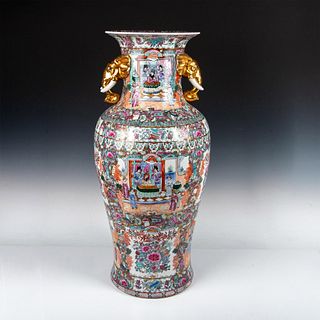 Chinese Porcelain Rose Medallion Vase with Gilt Handles