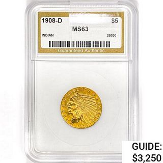 1908-D $5 Gold Half Eagle NGS MS63 