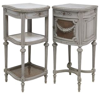 (2) LOUIS XVI STYLE MARBLE-TOP CANED & PAINTED NIGHTSTANDS