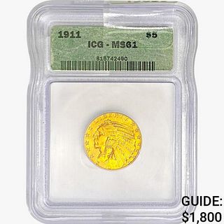1911 $5 Gold Half Eagle ICG MS61 