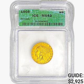 1908 $5 Gold Half Eagle ICG MS63 