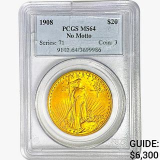 1908 $20 Gold Double Eagle PCGS MS64 No Motto