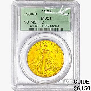 1908-D $20 Gold Double Eagle PCGS MS61 No Motto