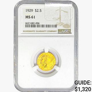 1929 $2.50 Gold Quarter Eagle NGC MS61 