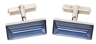 (PAIR) LALIQUE RAYONNANTE STERLING SILVER & BLUE SATIN GLASS CUFFLINKS
